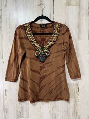 Tryst Brown Tie-Dye V-Neck Tunic with Beaded Embroidered Embellishment